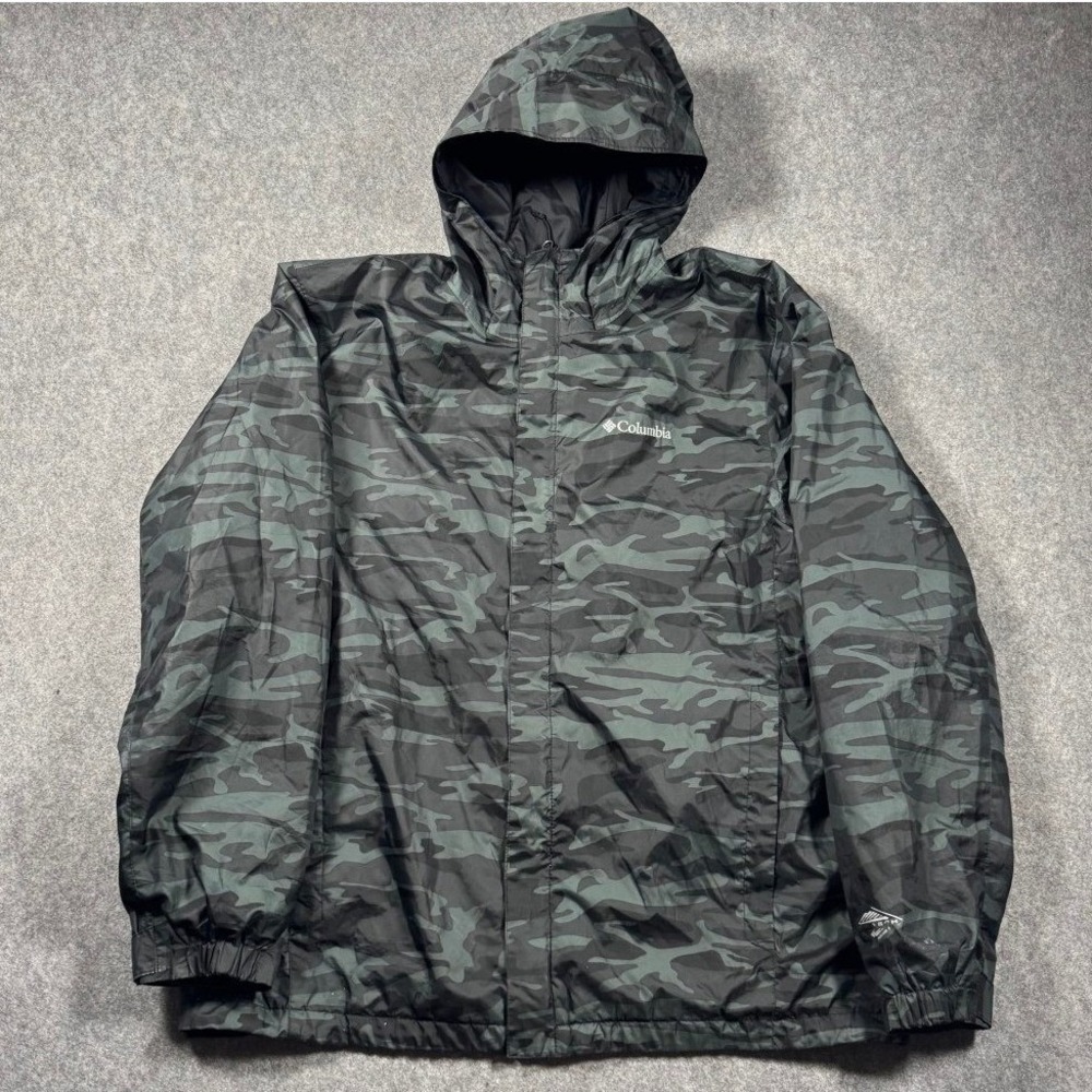 Columbia Mens Camo Full Zip Hooded Windbreaker Rain Jacket Grey Black Large